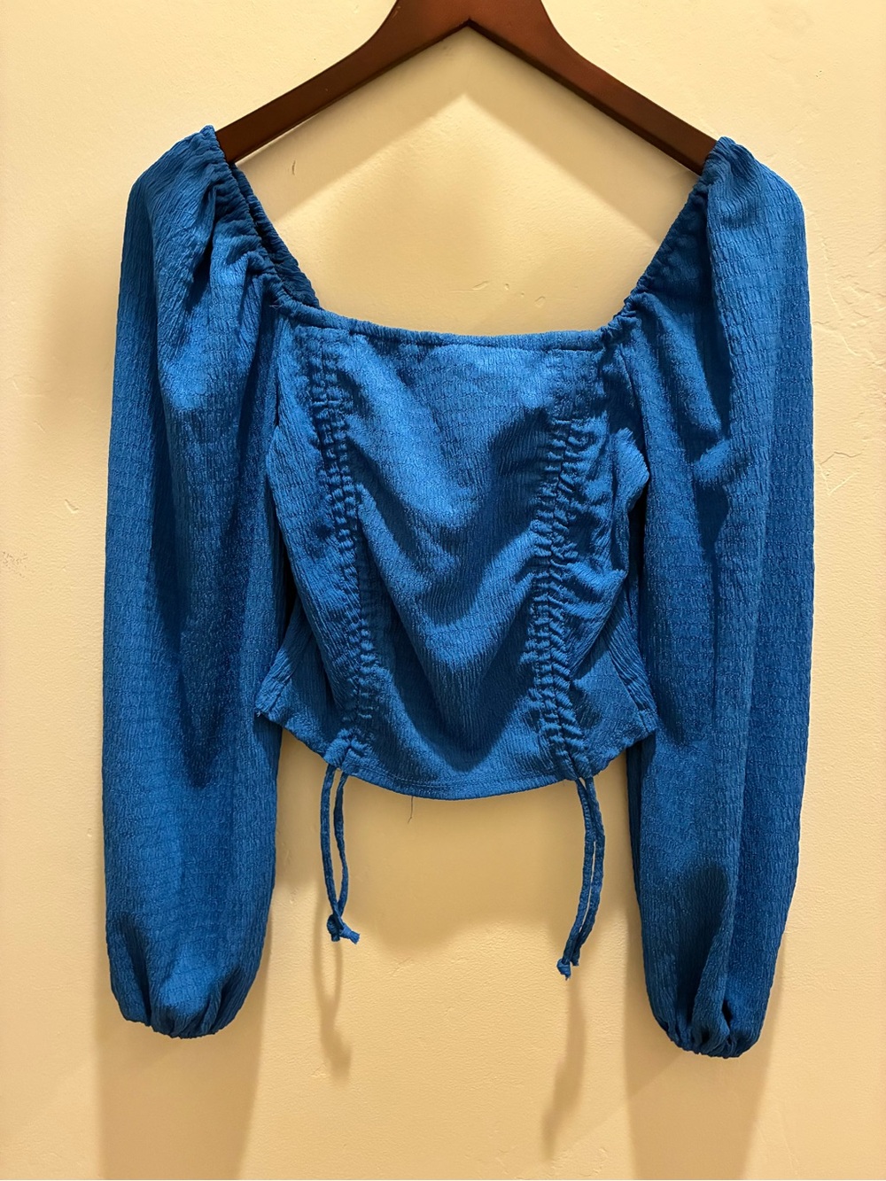 Blue Smocked Square-Neck Peasant Blouse